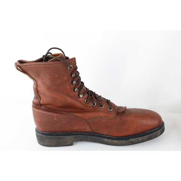 Vintage 90s Streetwear Mens 10 EE Tribal Fringed Leather Tall Logger Boots Brown main image 9